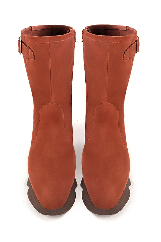 Terracotta orange women's ankle boots with a zip on the inside. Round toe. Low rubber soles. Top view - Florence KOOIJMAN